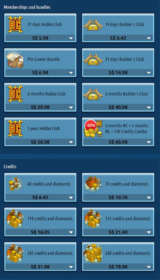 Screenshot of the Habbo prices