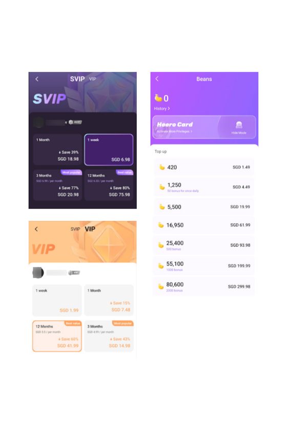 Screenshot of the HeeSay prices