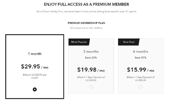 Screenshot of the OlderWomenDating prices