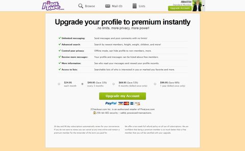Screenshot of the PinaLove prices