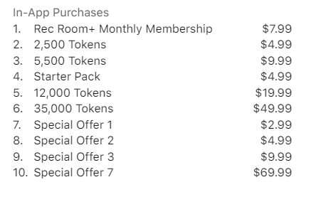 Screenshot of the Rec Room prices