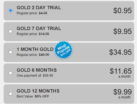 Screenshot of the SweetSext prices