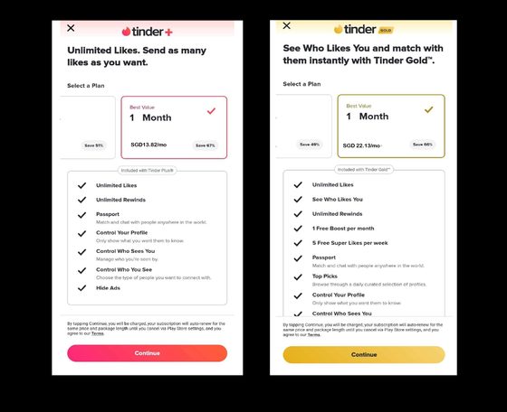 Screenshot of the Tinder prices