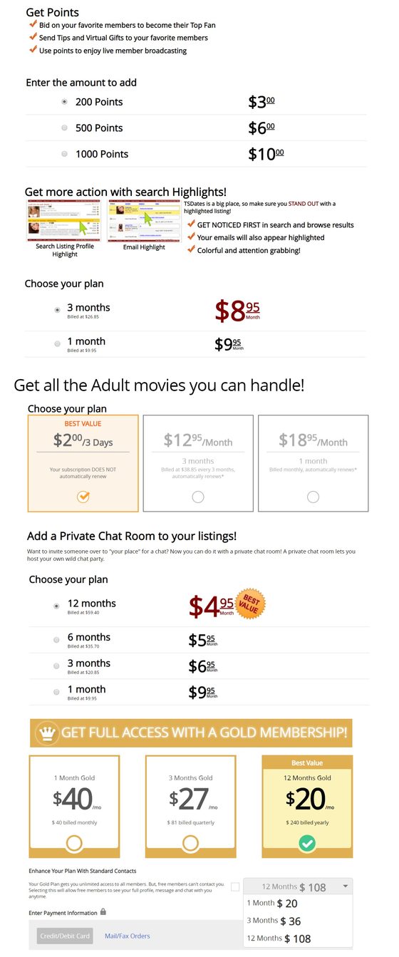 Screenshot of the TSDates prices