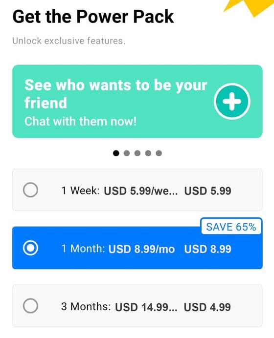 Screenshot of the Yubo prices